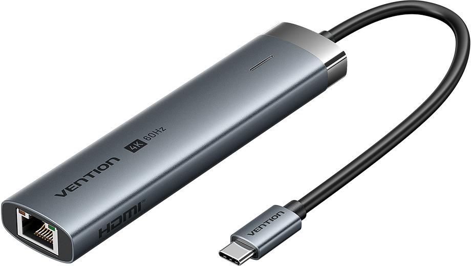 Vention 6-in-1 USB-C to HDMI/2× USB 3.0/USB-C/RJ45/PD Docking Station 0.15M Gray Aluminum Alloy Type