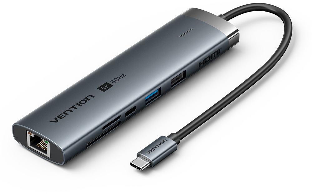 Vention 8-in-1 USB-C to HDMI/USB-C/USB 3.0/USB 2.0/RJ45/SD/TF/PD Docking Station 0.15M Gray Alum
