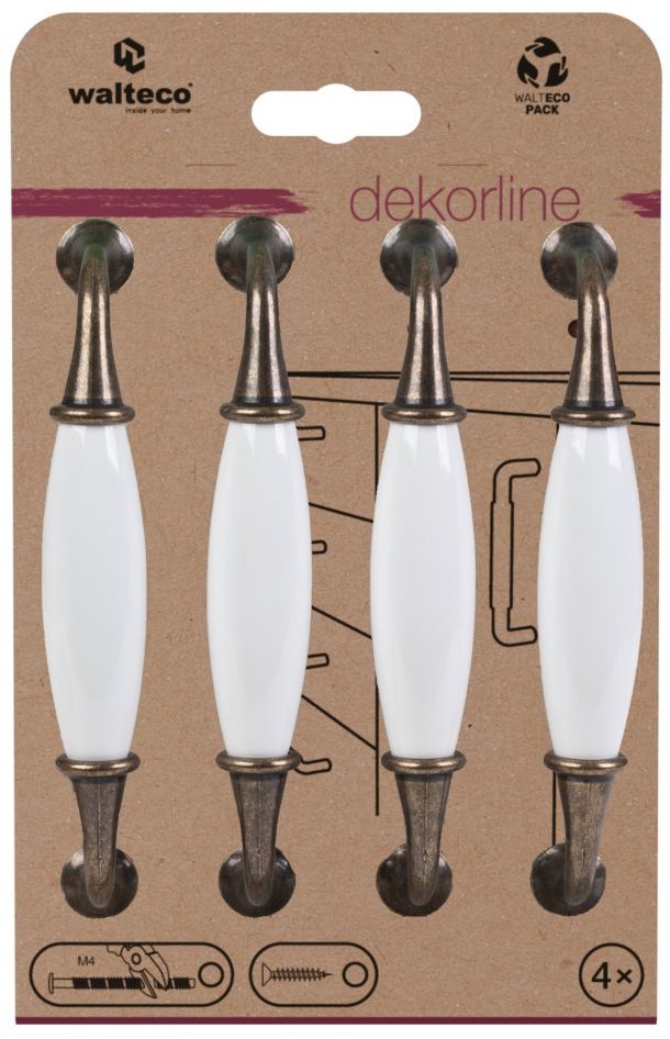 Walteco Set nábytkových úchytek rozteč 128 mm, antik mosaz a bílý porcelán, 4 ks