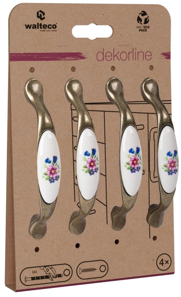 Walteco Set nábytkových úchytek rozteč 96 mm, antik mosaz/porcelán, kytice, 4 ks