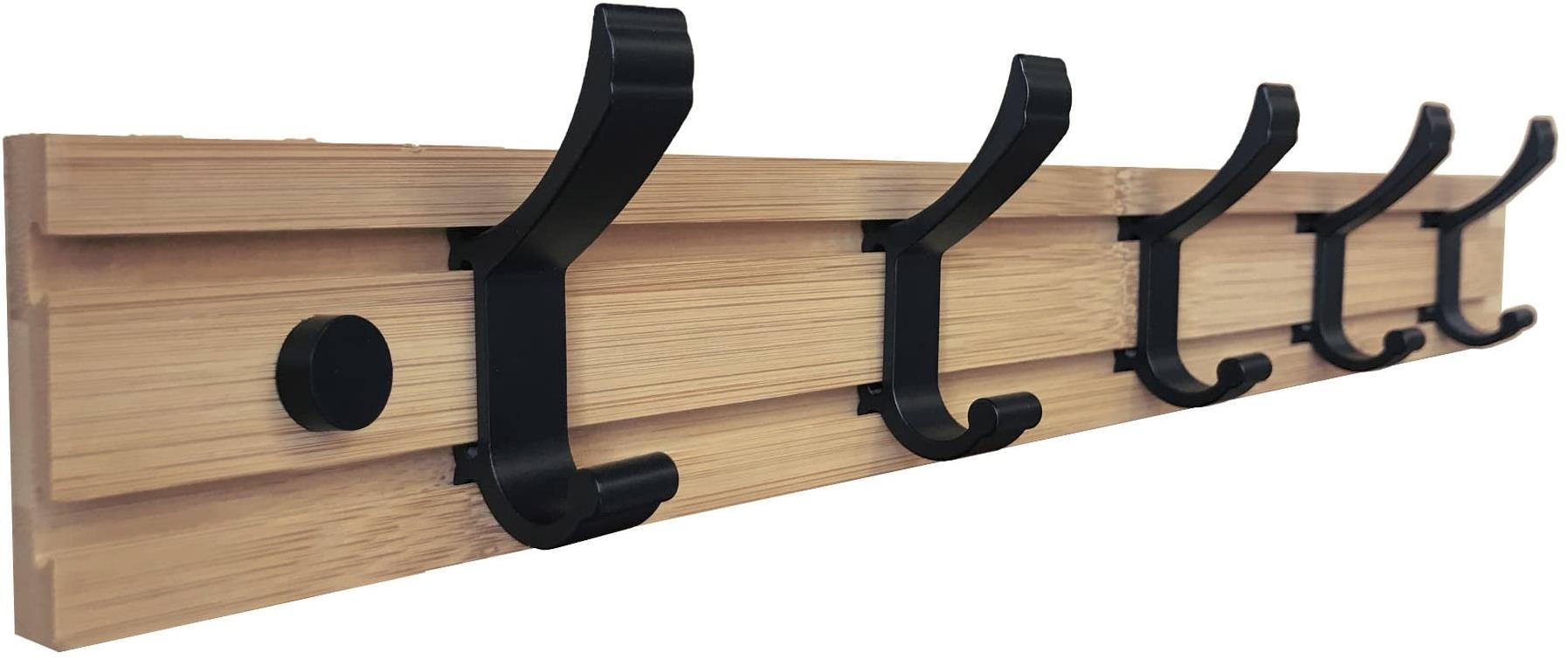 Walteco Bambusová vešiaková lišta 550 × 70 mm, 5 háčikov v matno čiernej