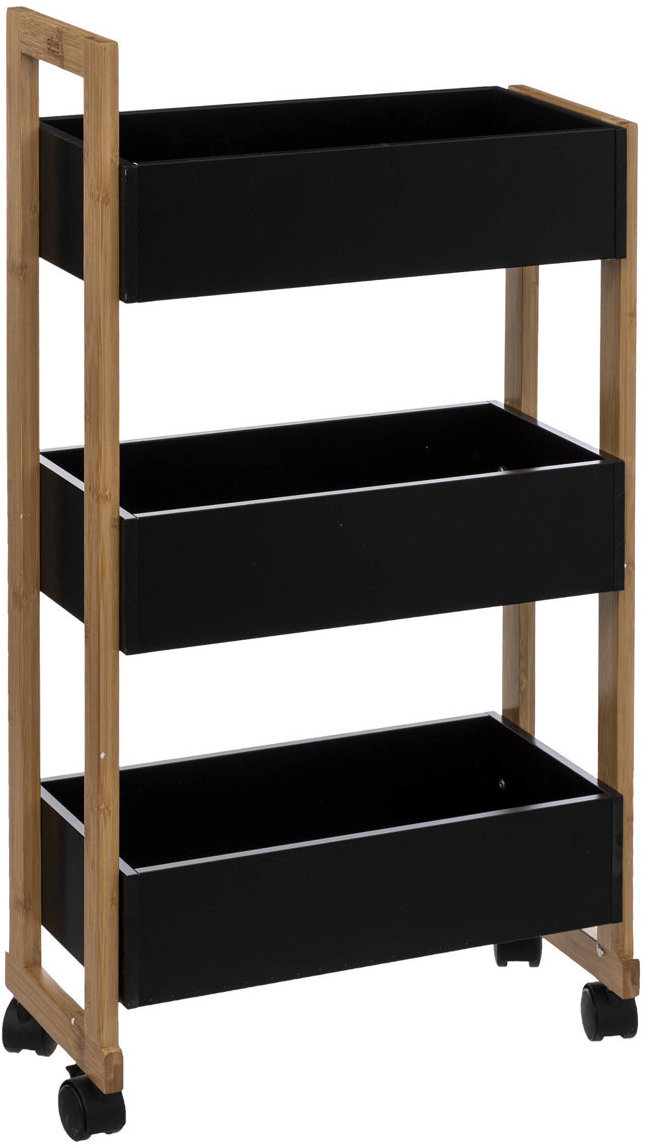 5five Simply Smart Bamboo Kúpeľňový regál na kolieskach, čierny, 3 poschodia