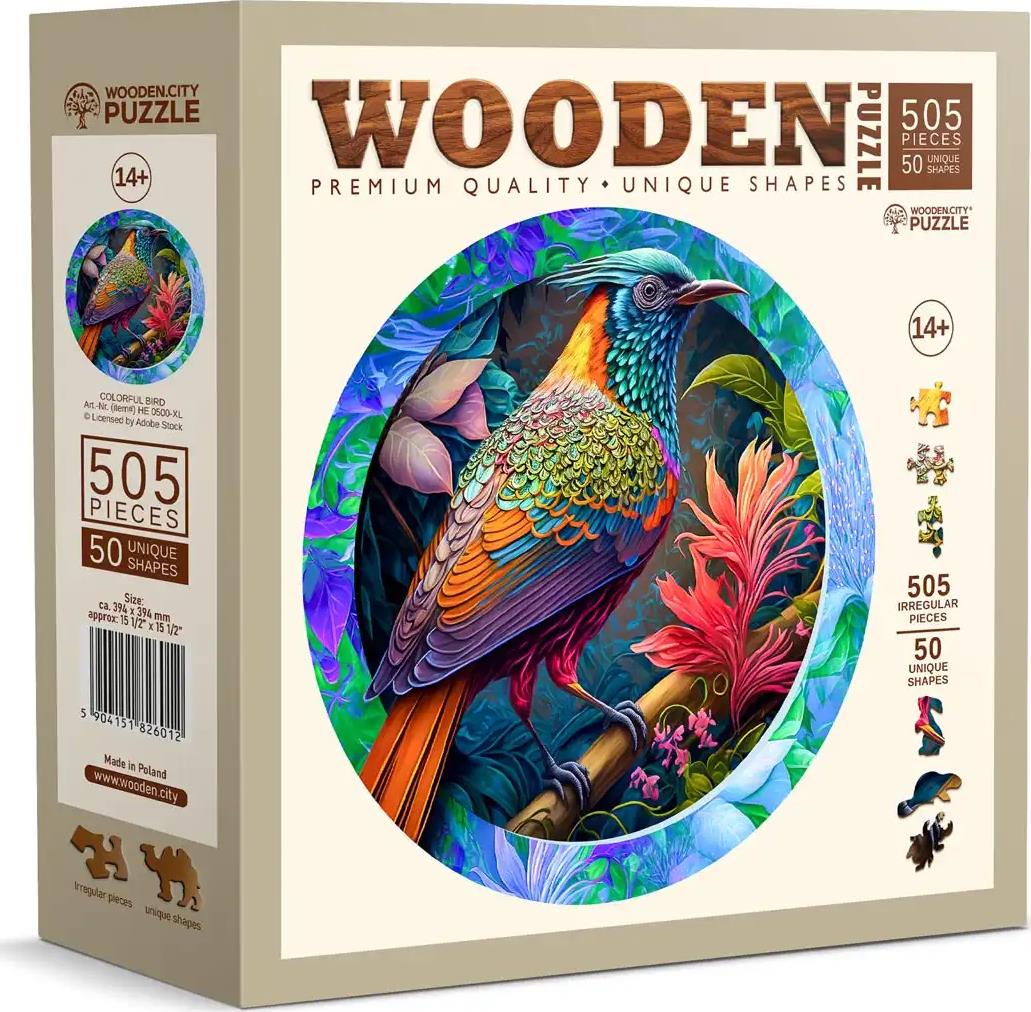 WOODEN CITY Drevené puzzle Pestrofarebný vták 505 dielikov
