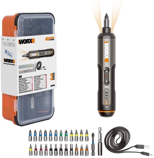 WORX Aku skrutkovač WX240 4V + sada príslušenstva 25 ks
