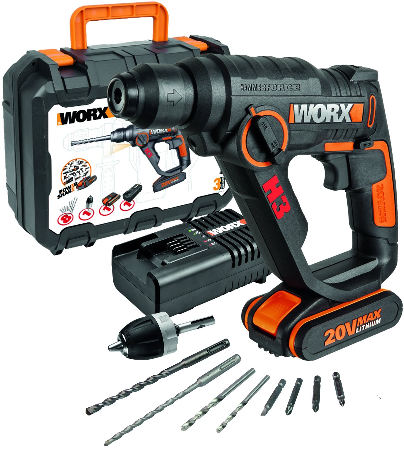 WORX Vŕtacie kladivo 3 v 1 AKU 20 V s príslušenstvom v kufri WX390 (1× 2 Ah)