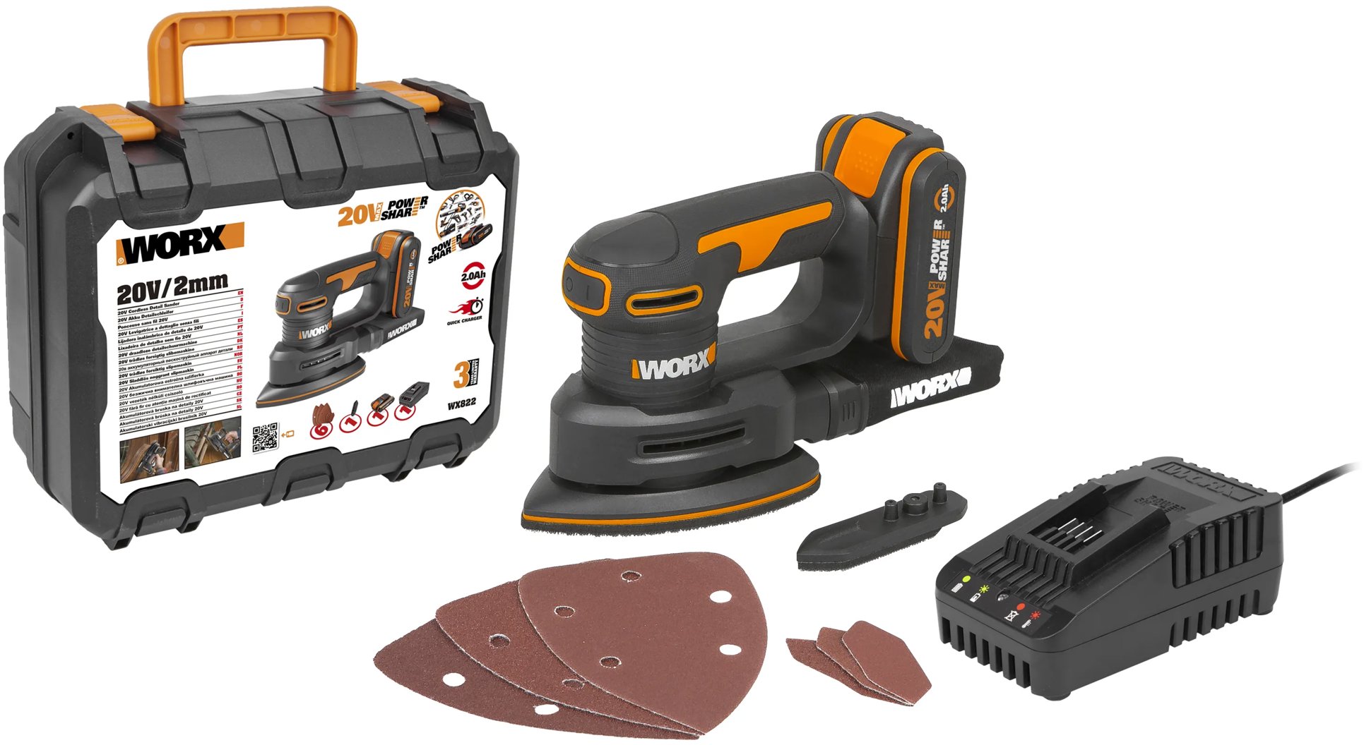 WORX Vibračná brúska AKU 20 V s príslušenstvom v kufri WX822 (1× 2 Ah)