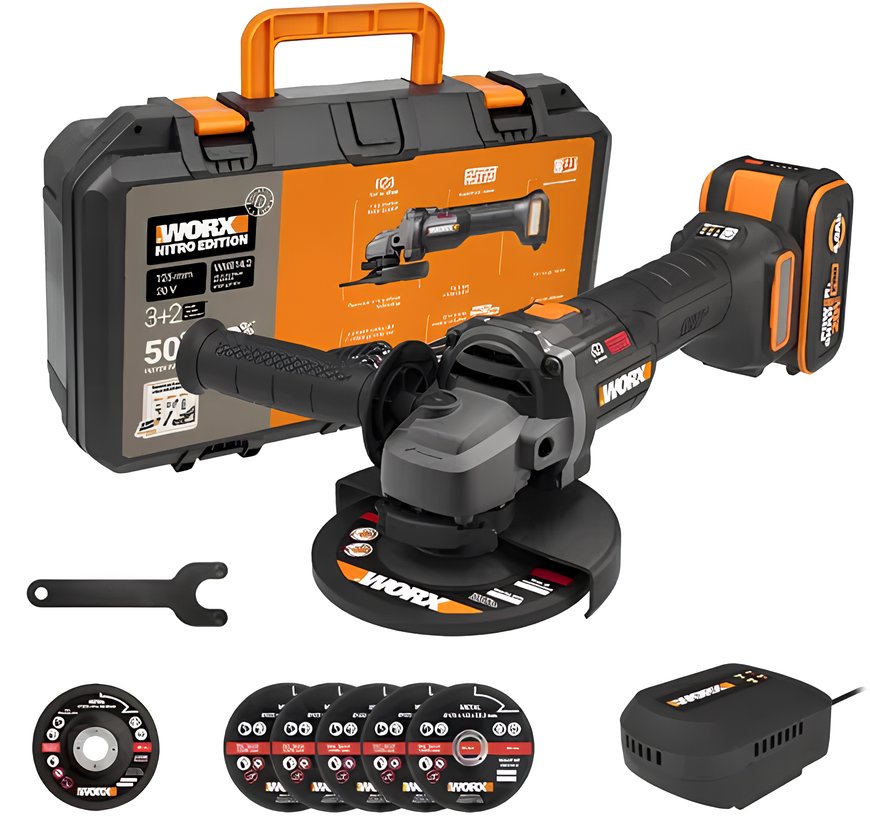 WORX Nitro – Uhlová brúska AKU 20 V 125 mm s príslušenstvom WX814.2 (1 × 4 Ah)