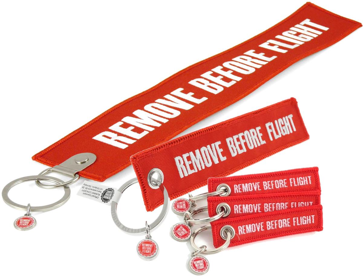 RBF ORIGINAL Sada 5 ks červených kľúčeniek Remove Before Flight v 3 veľkostiach