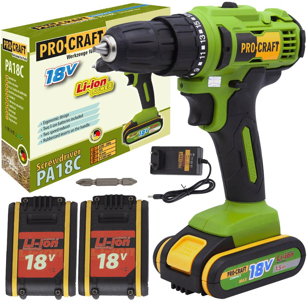 Procraft Aku vŕtací skrutkovač PA18C, 2× 1,5 Ah