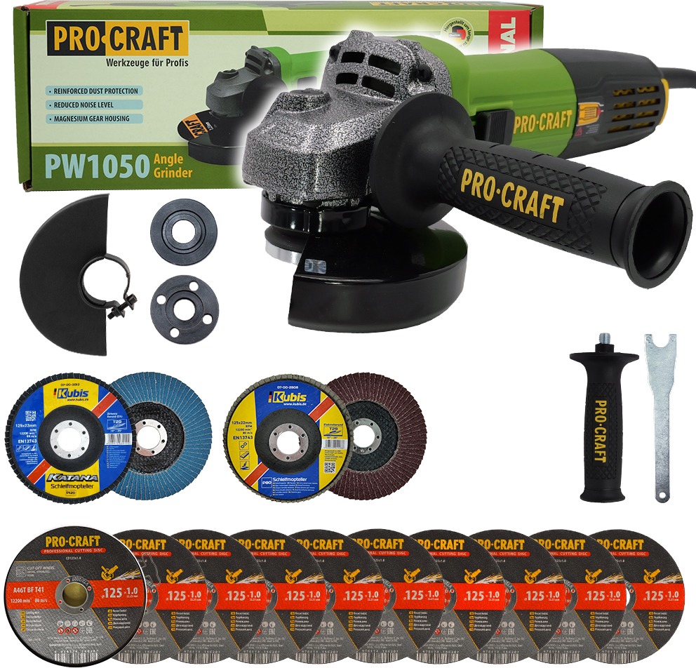 Procraft Brúska uhlová 125 mm PW1050 + 10× rezný kotúč, 2× lamelový kotúč