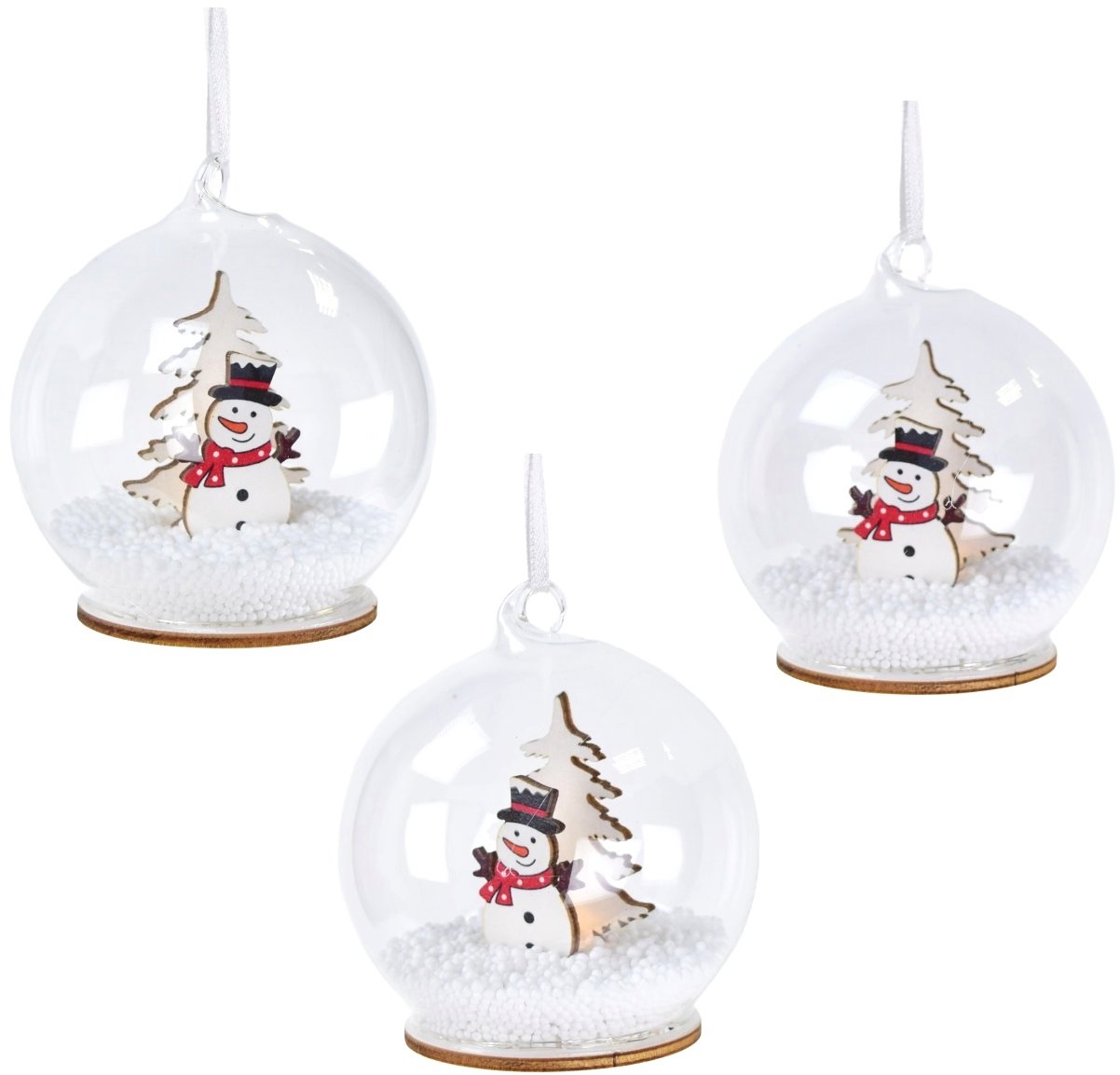 BerryHome Priehľadná banka so snehuliakom a s LED osvetlením, priemer 8 cm, súprava 3 ks