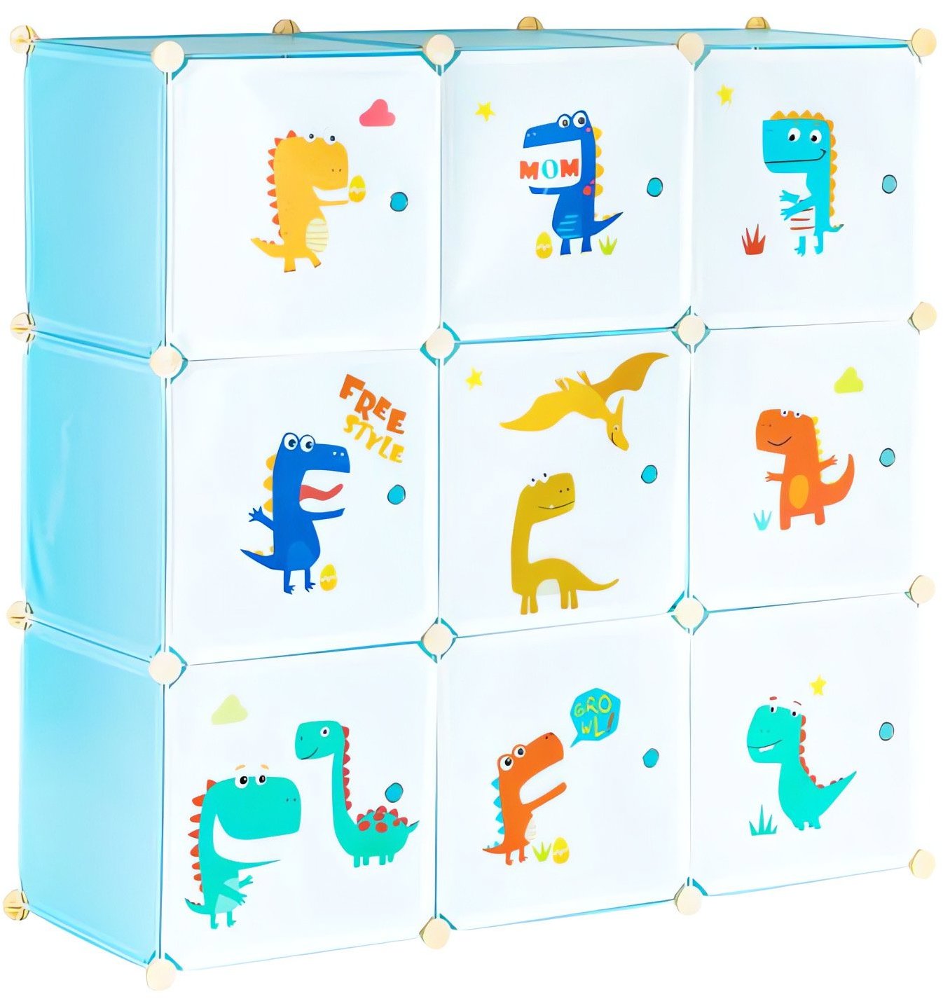 ModernHome Dětská modulová skříň, 9 polic, 109 × 109 × 37 cm, dinosauři