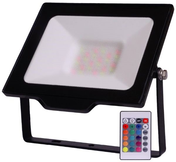 AVIDE Prémiový stmievateľný LED reflektor čierny 30 W RGB, hmlové sklo, s diaľkovým ovládaním