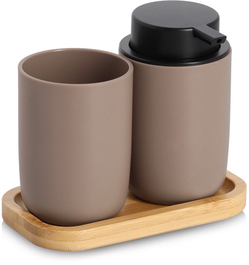 ZELLER Sada kúpeľňových doplnkov hnedá, plast, bambus, 16,5 × 9 × 13,5 cm