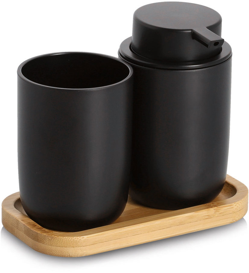 ZELLER Sada koupelnových doplňků černá, plast, bambus, 16,5 × 9 × 13,5 cm