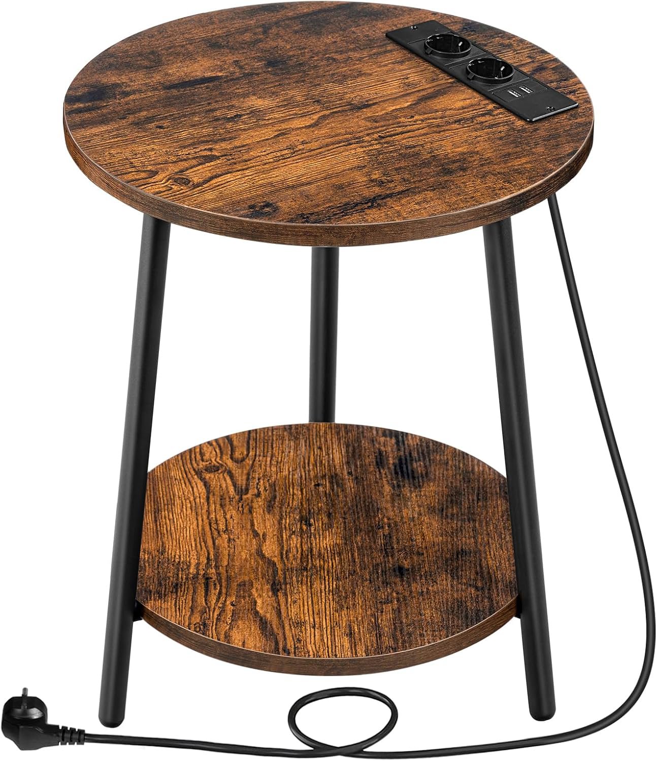 Songmics a Vasagle Okrúhly odkladací stolík Leky 40 cm s nabíjacou stanicou, hnedo-čierny