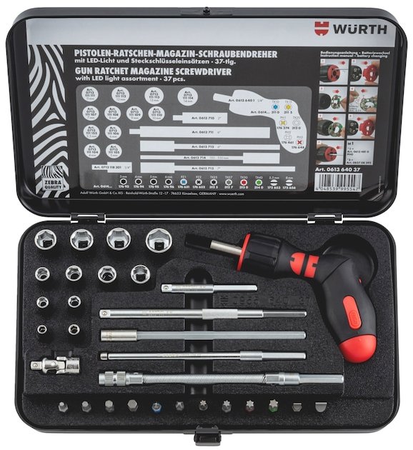 WÜRTH Pištoľový račňový viacbitový skrutkovač, s LED, 37 ks