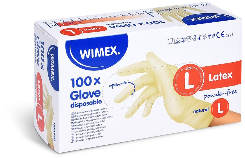 Wimex latexové rukavice, nepudrované, natural, `L` – 100 ks