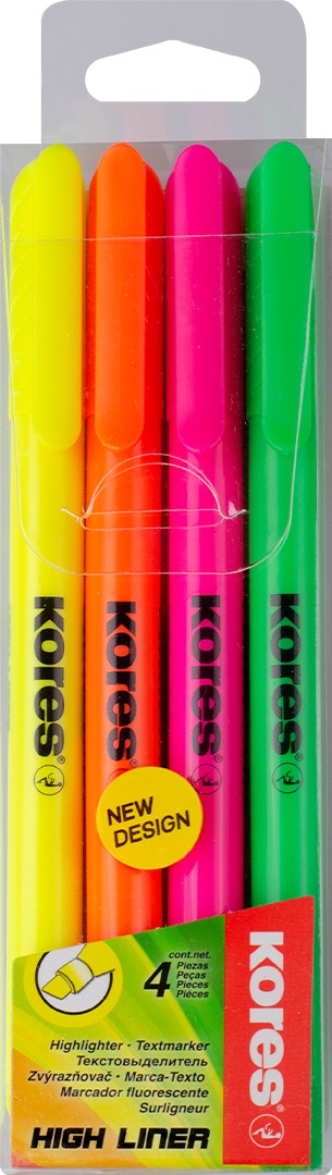KORES HIGH LINER – sada zvýrazňovačov (4 farby – žltá, ružová, oranžová, zelená)