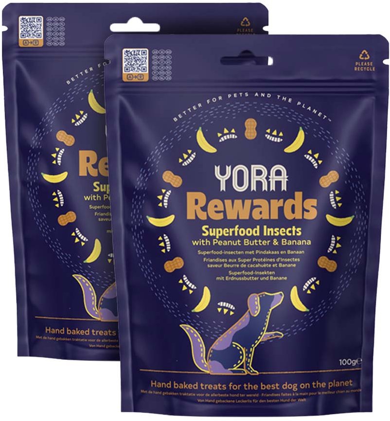 YORA Rewards pamlsky z hmyzu s arašídy a banánem 2 × 100 g