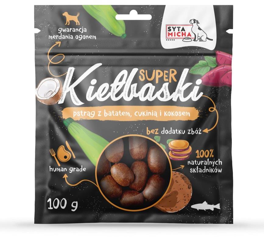 Syta micha – Klobásky so pstruhom, batatmi, cuketou a kokosom