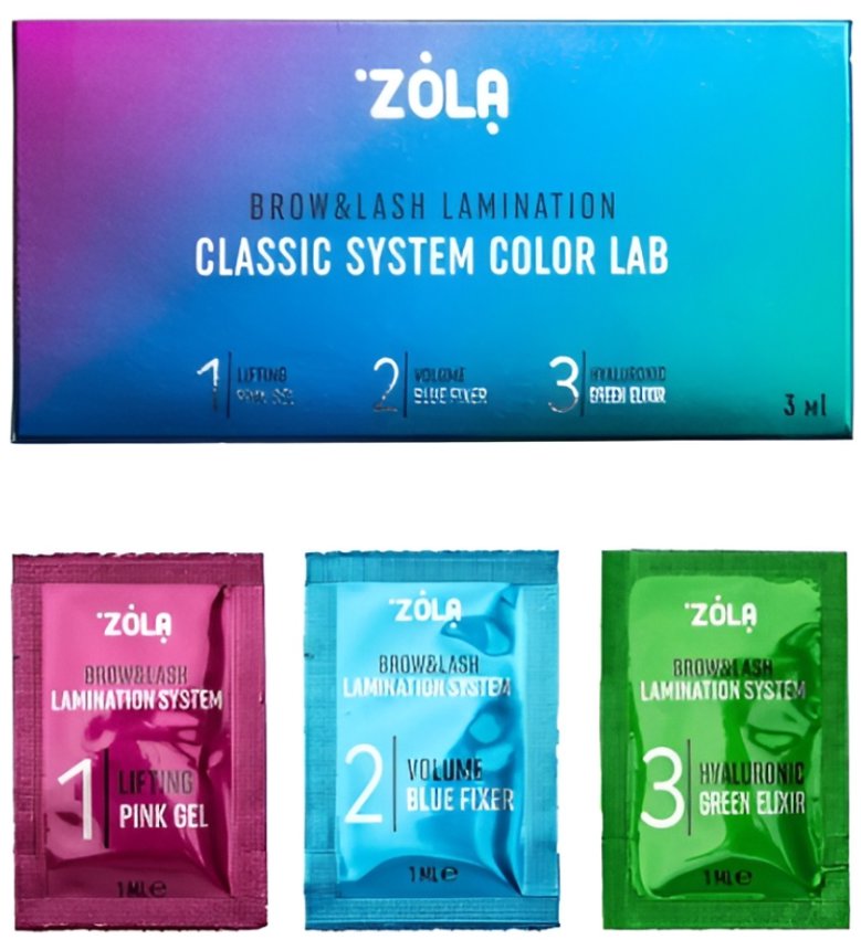ZOLA Classic System Color Lab súprava na lamináciu mihalníc a obočia vo vrecúškach, 3× 1 ml