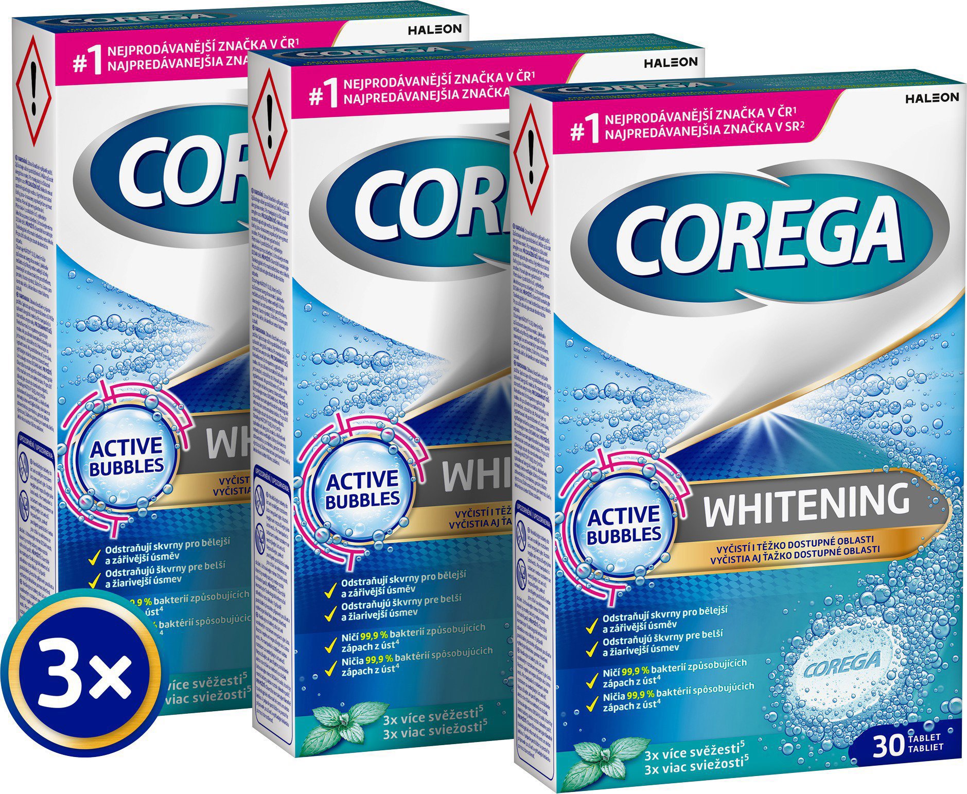 COREGA Whitening Na čistenie zubných náhrad 3× 30 ks