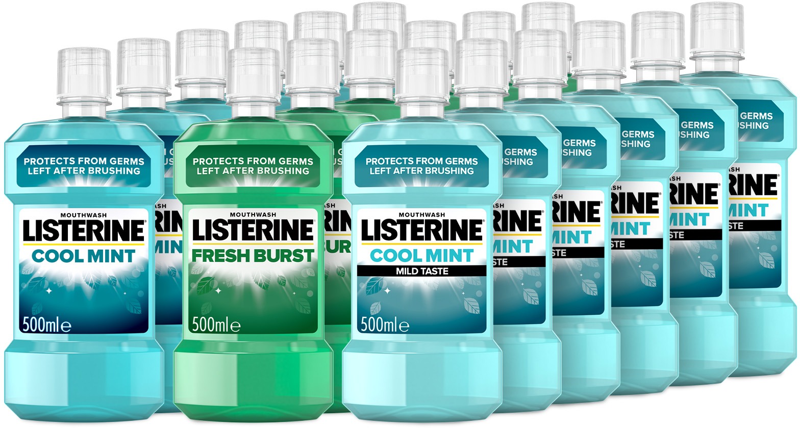 LISTERINE 6× Cool Mint 500 ml + 6× Fresh Burst 500 ml + 6× Cool Mint Mild Taste 500 ml