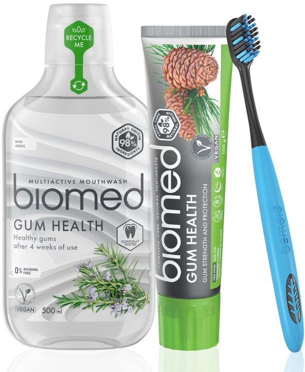 BIOMED Gum Health zubná pasta 100 g, ústna voda 500 ml + kefka