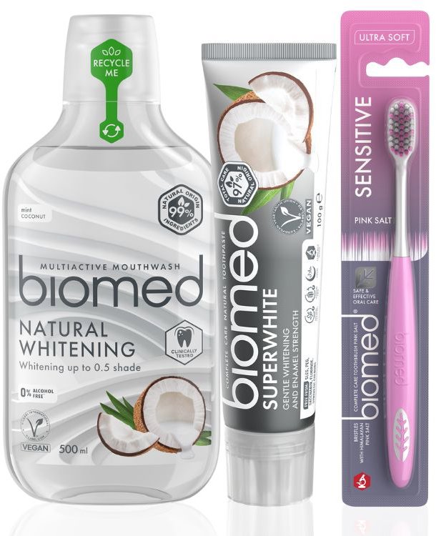 BIOMED Superwhite zubná pasta 75 ml, ústna voda 500 ml + kefka