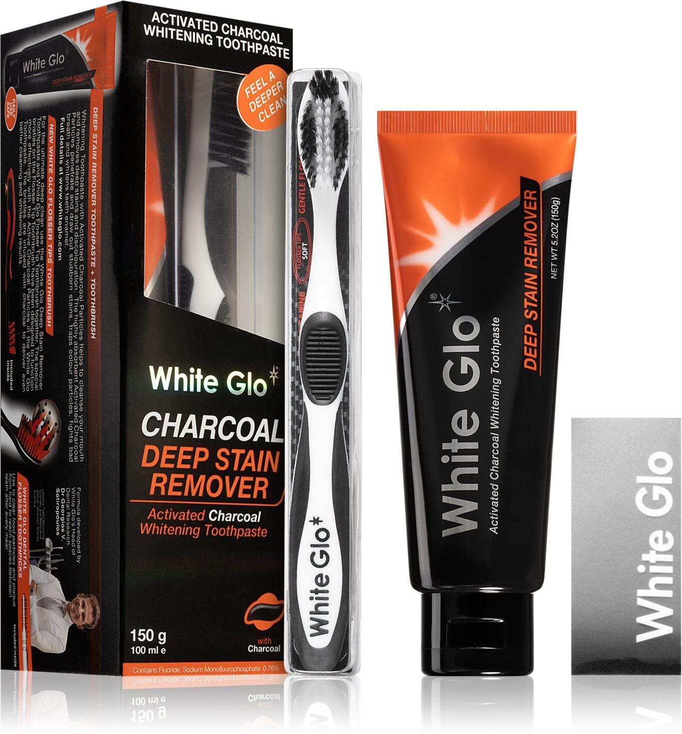 WHITE GLO Deep Stain Remover Charcoal 100 ml + kefka a medzizubné kefky