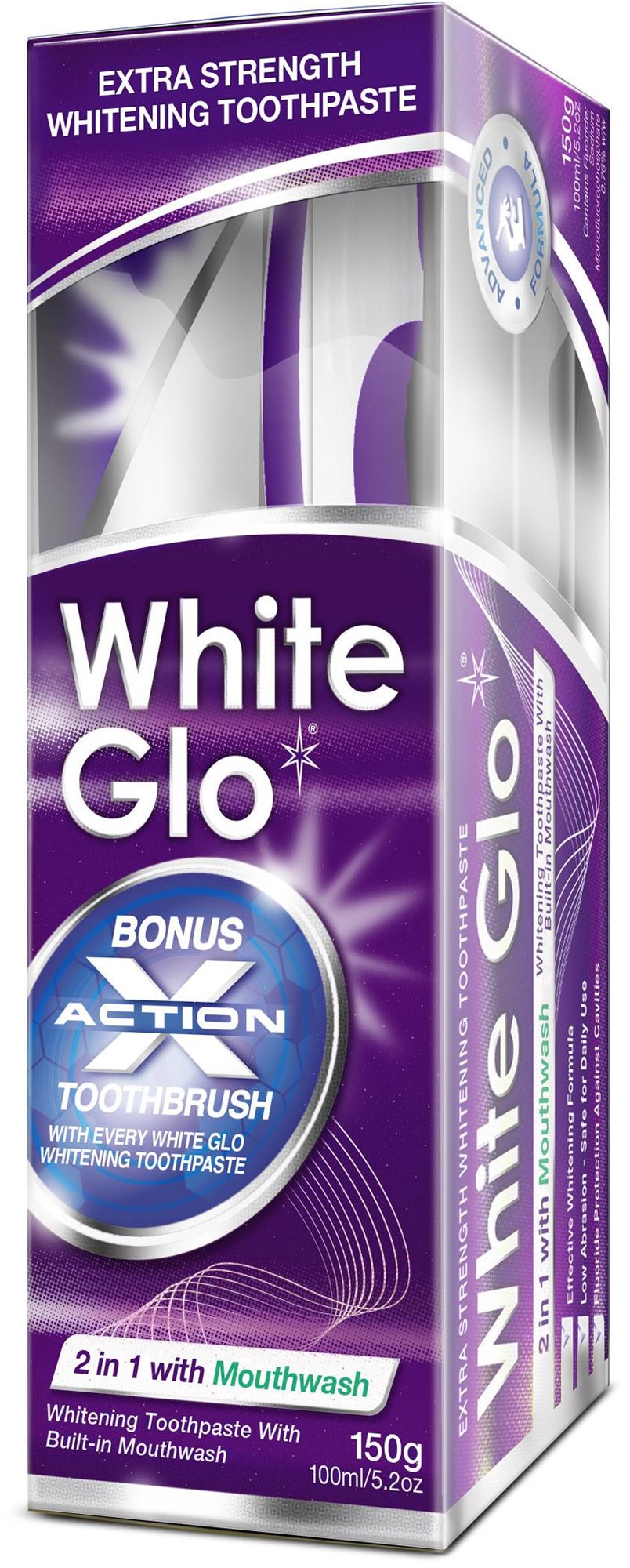 WHITE GLO 2 in 1 with Mouthwash 100 ml + kefka + medzizubná kefka