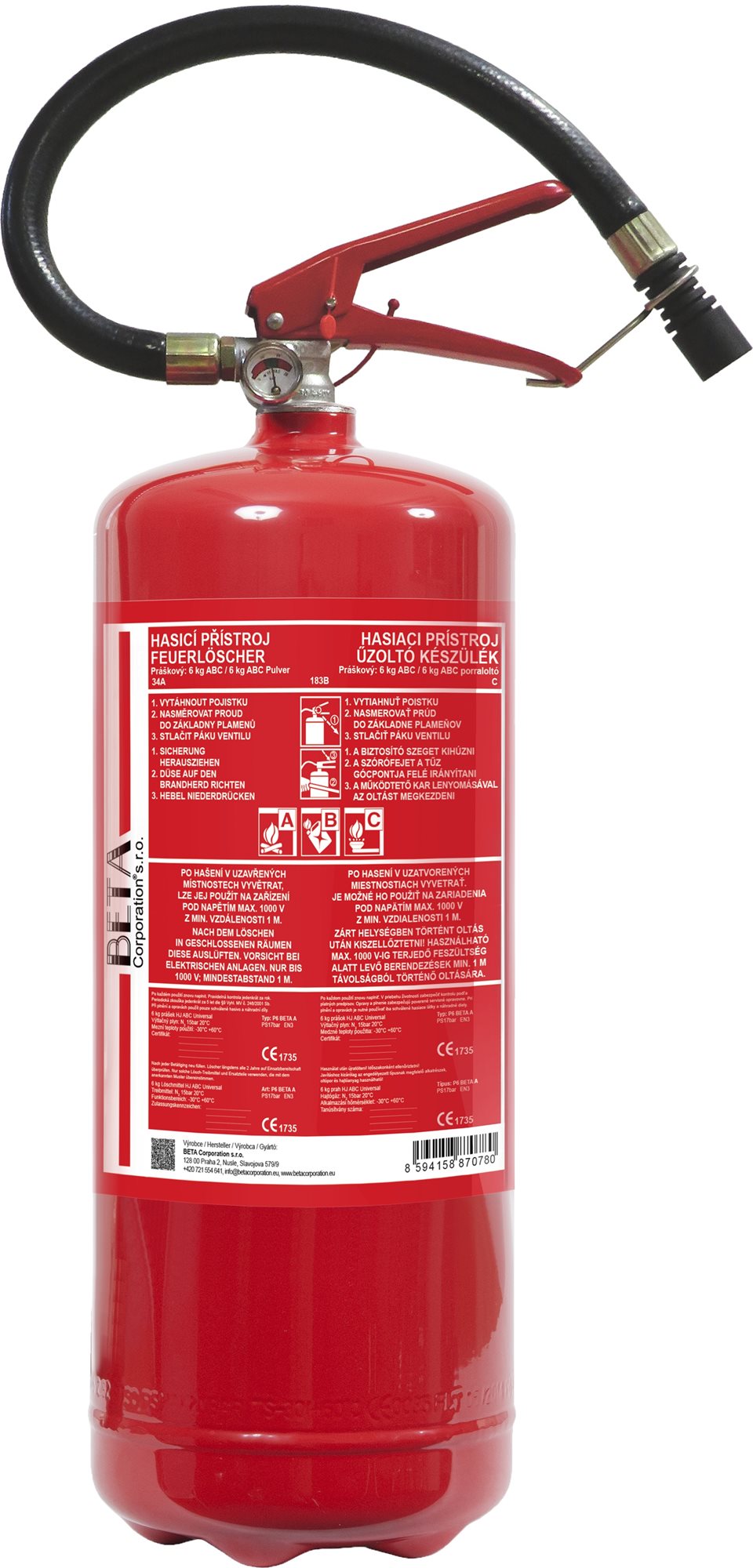 BETA práškový hasiaci prístroj 6 kg P6-Beta A vr. revízie