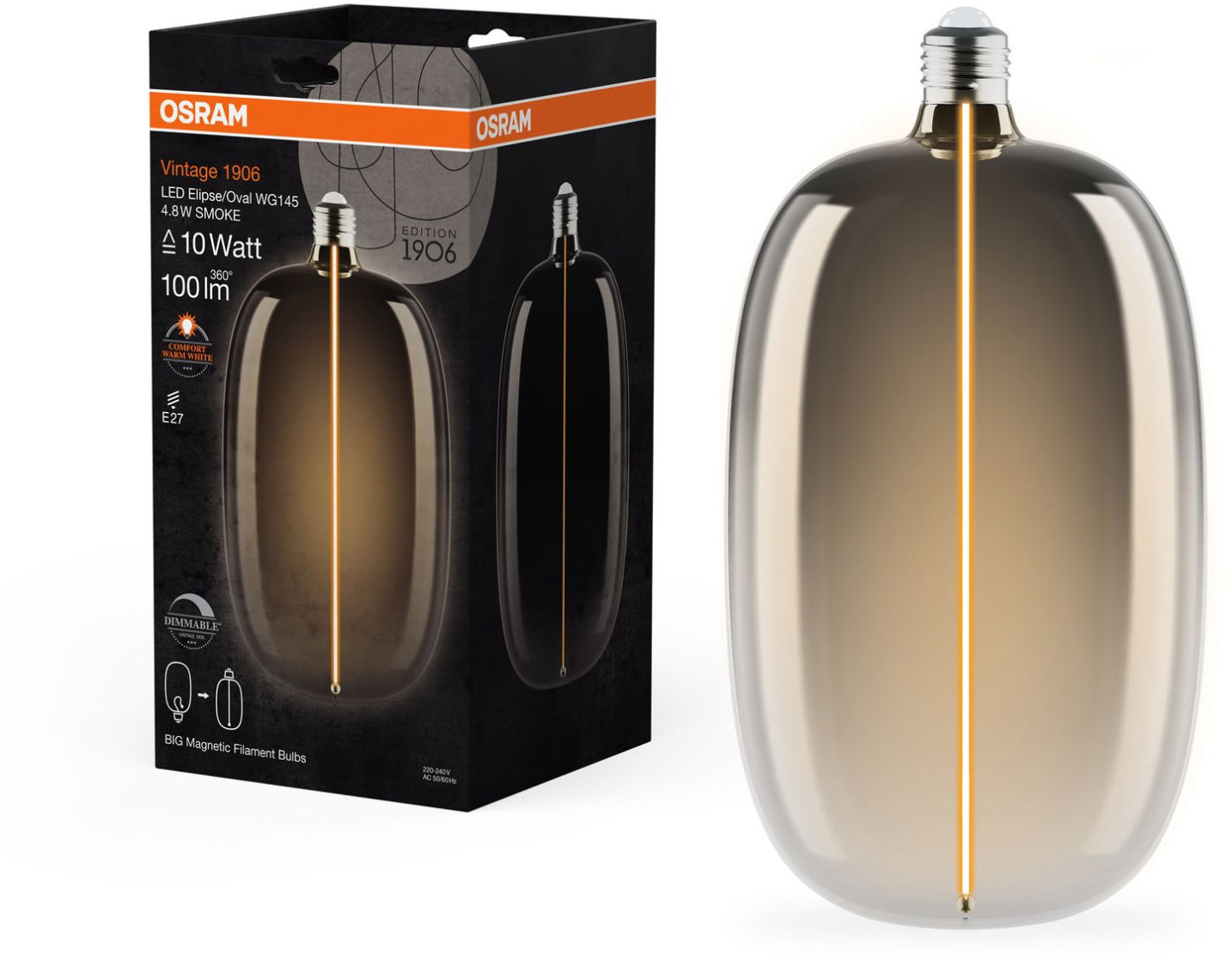 OSRAM dymová LED žiarovka E27 4,8 W VINTAGE ELIPSE/OVAL, teplá biela