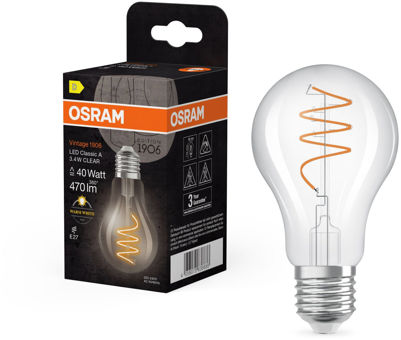 OSRAM číra LED žiarovka E27 3,4 W VINTAGE CLASSIC A, teplá biela