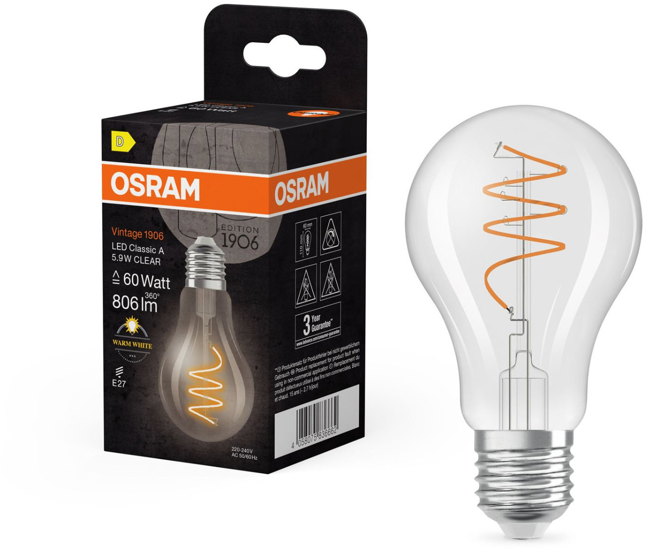 OSRAM číra LED žiarovka E27 5,9 W VINTAGE CLASSIC A, teplá biela