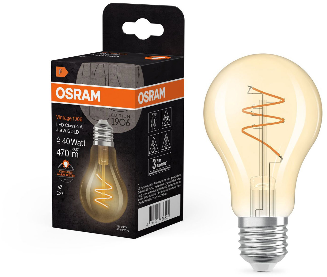 OSRAM zlatá LED žiarovka E27 4,9 W VINTAGE CLASSIC A, teplá biela