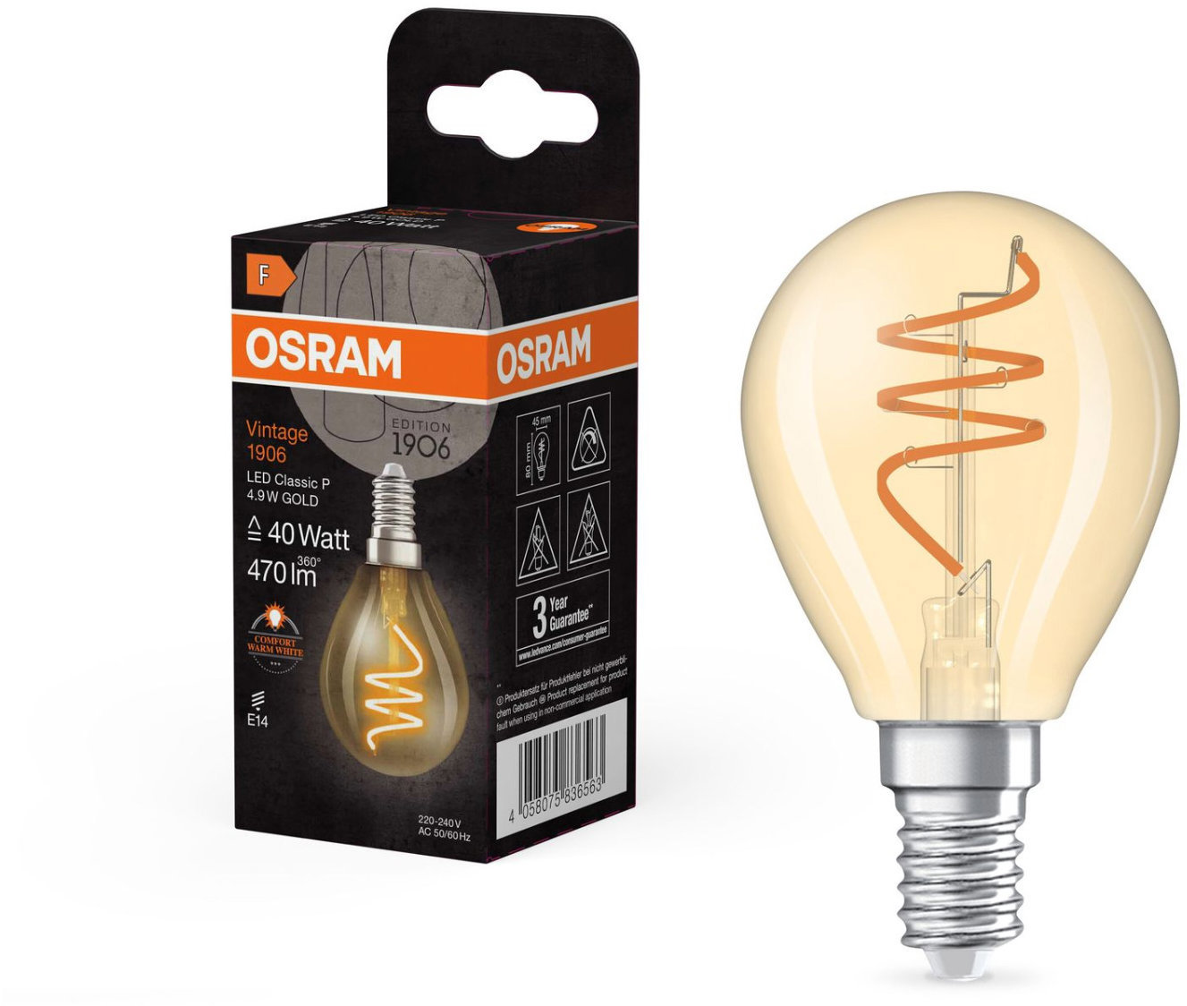 OSRAM zlatá LED žiarovka E14 4,9 W VINTAGE CLASSIC P, teplá biela