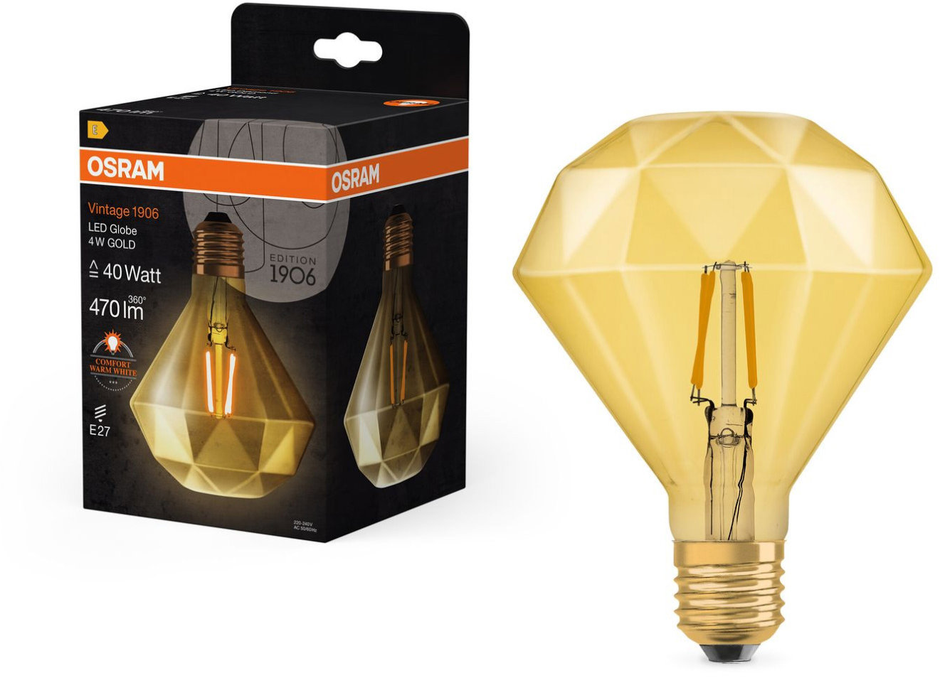 OSRAM diamantová LED žiarovka E27 4,5 W Vintage 1906, teplá biela