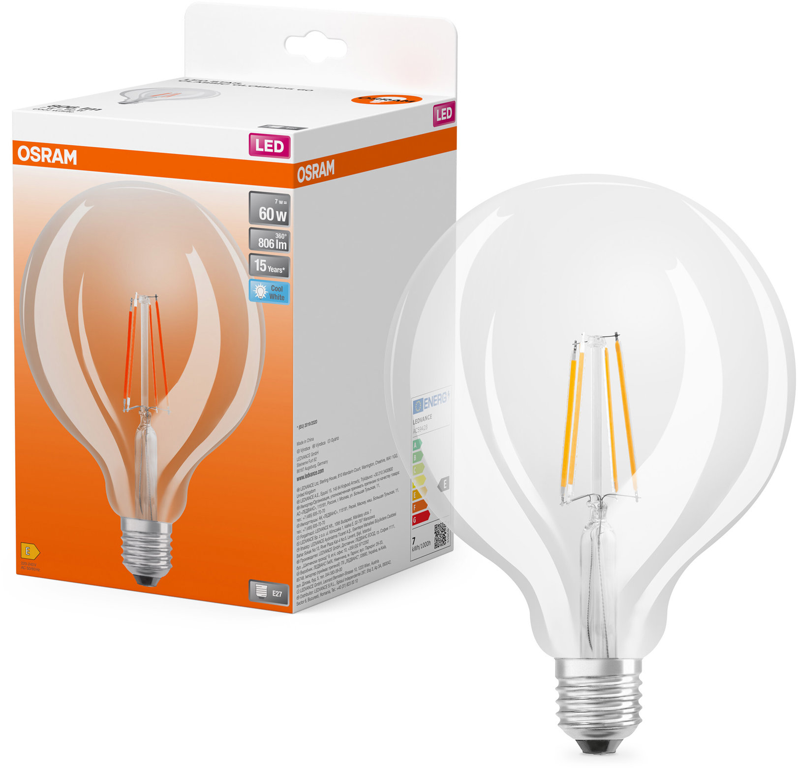 OSRAM číra LED žiarovka E27 7 W STAR GLOBE, studená biela