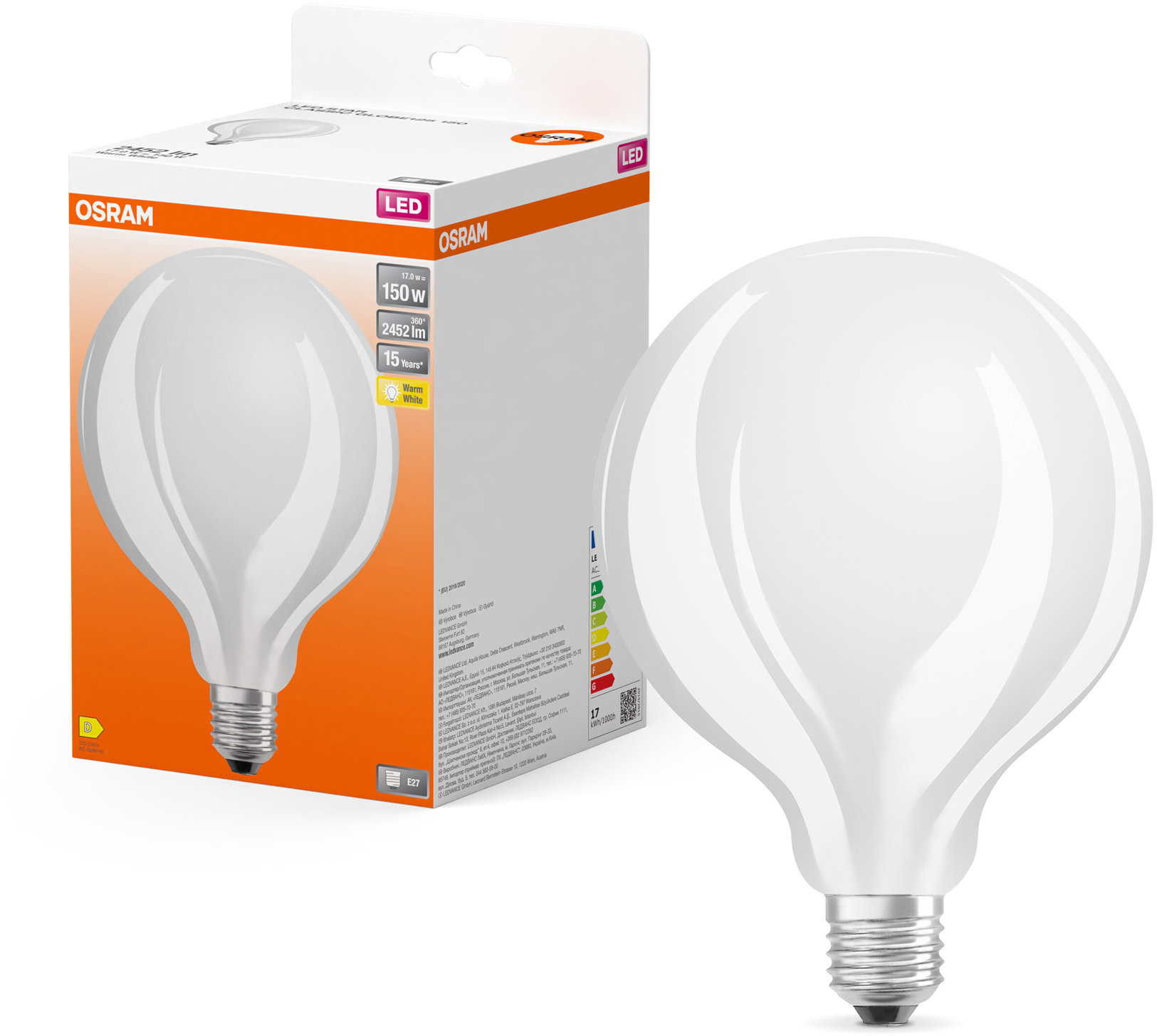 OSRAM veľká LED žiarovka E27 17 W STAR CLASSIC GLOBE, teplá biela