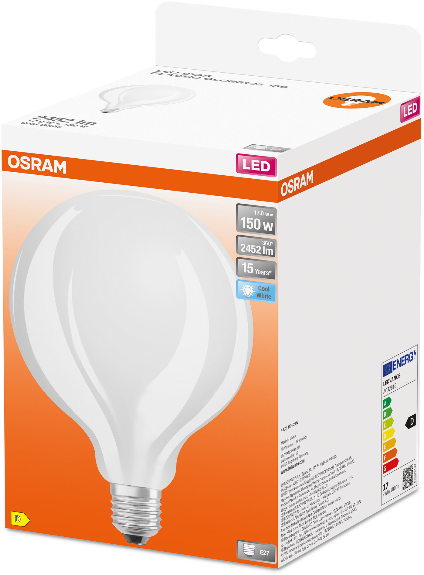 OSRAM veľká LED žiarovka E27 17 W STAR CLASSIC GLOBE, studená biela