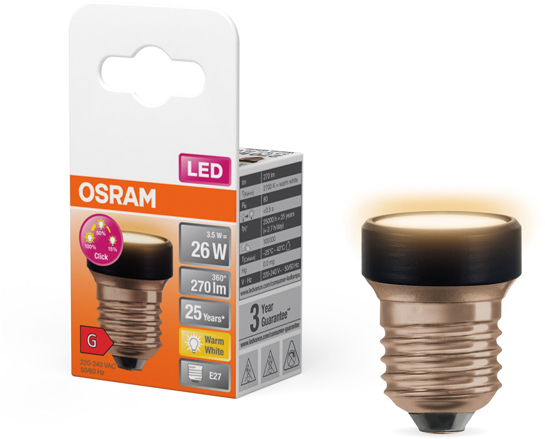 OSRAM plochá LED žiarovka stmievateľná 3,5 W E27 STAR, teplá biela