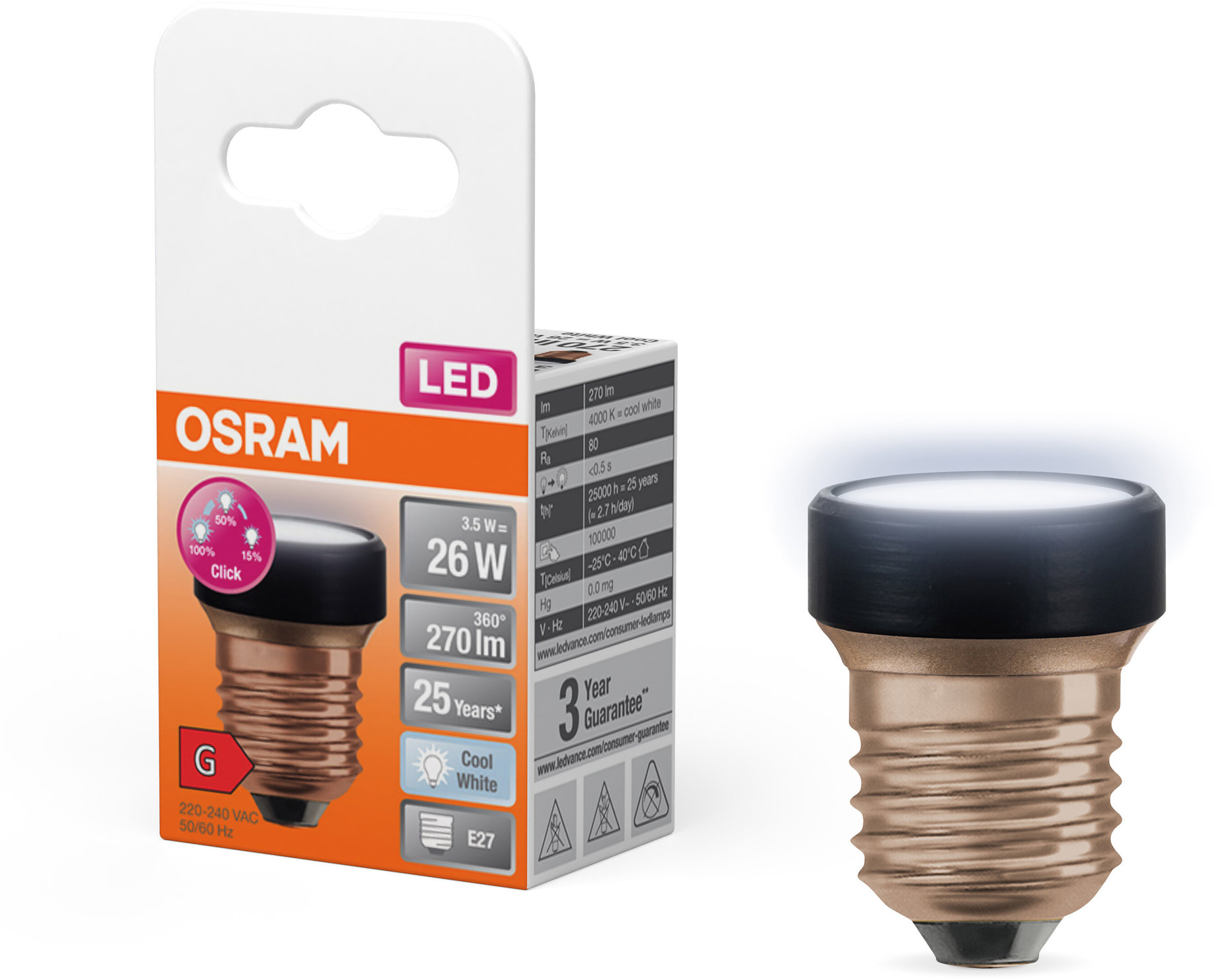 OSRAM plochá LED žiarovka stmievateľná 3,5 W E27 STAR, studená biela