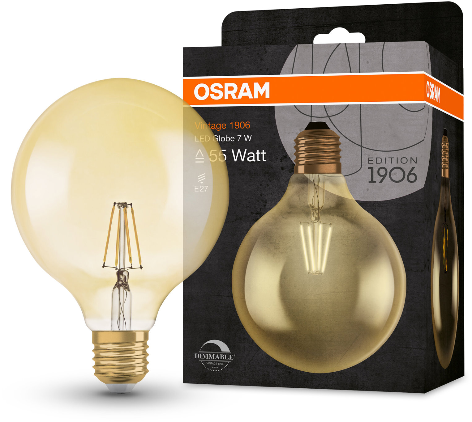 OSRAM stmievateľná LED žiarovka E27 6,5 W GLOBE VINTAGE, teplá biela