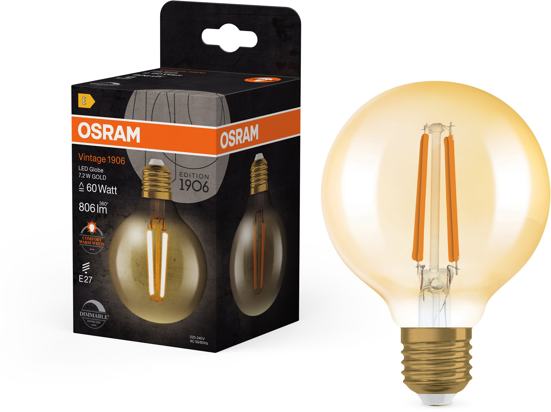 OSRAM okrúhla LED zlatá žiarovka E27 VINTAGE 7,2 W, teplá biela