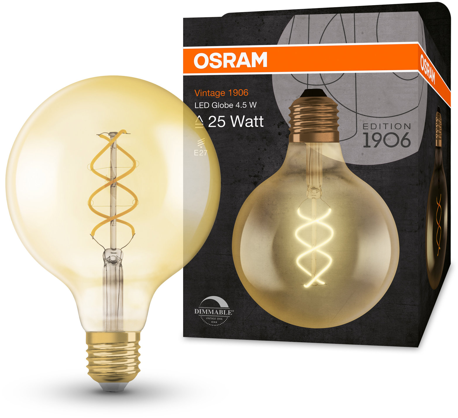 OSRAM stmievateľná LED žiarovka E27 4 W GLOBE VINTAGE, teplá biela