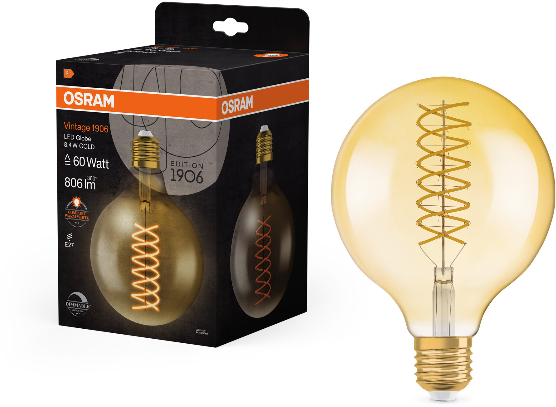 OSRAM okrúhla LED zlatá žiarovka E27 VINTAGE 8,4 W, teplá biela