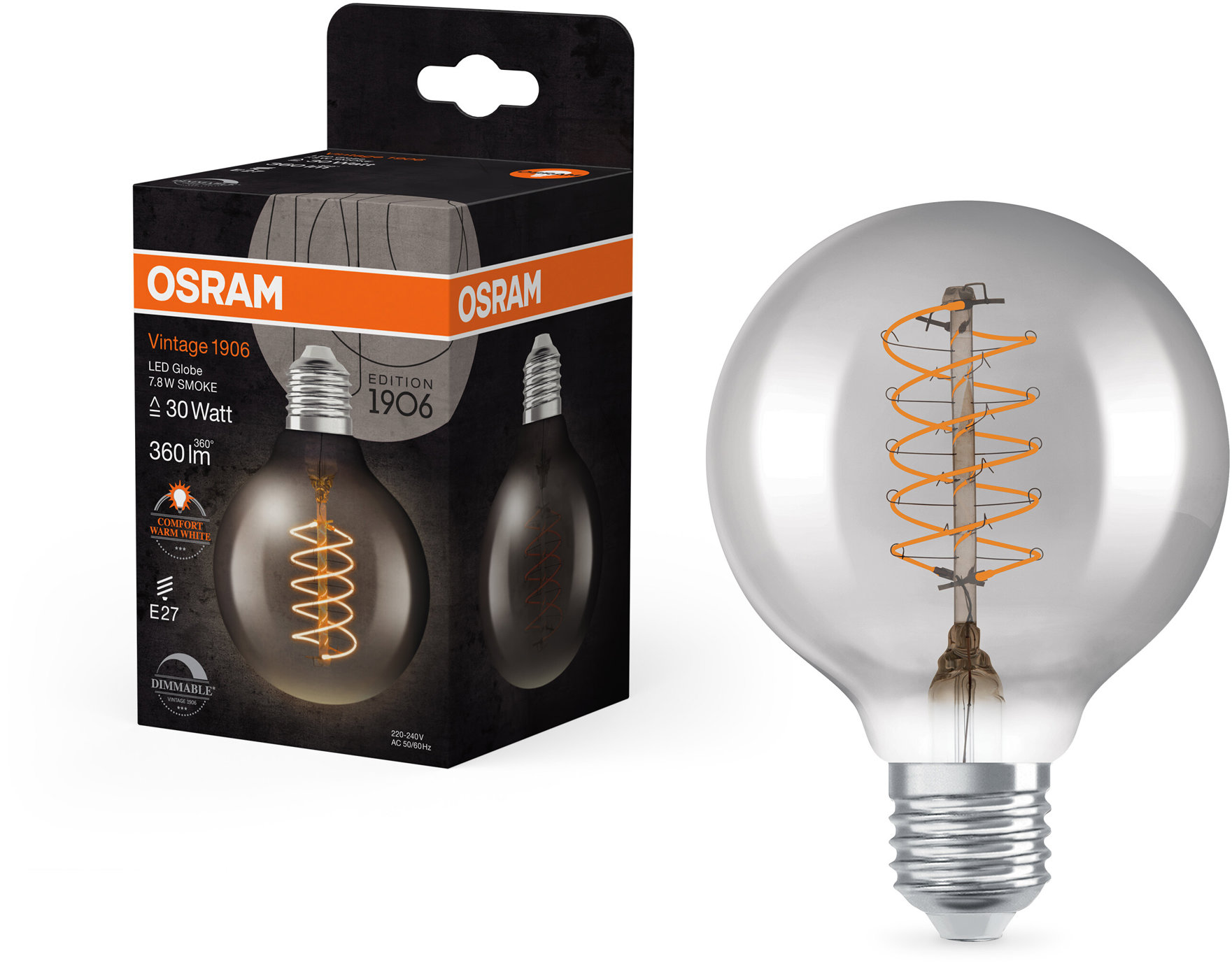 OSRAM stmievateľná LED vintage žiarovka E27 7,8 W GLOBE, teplá biela