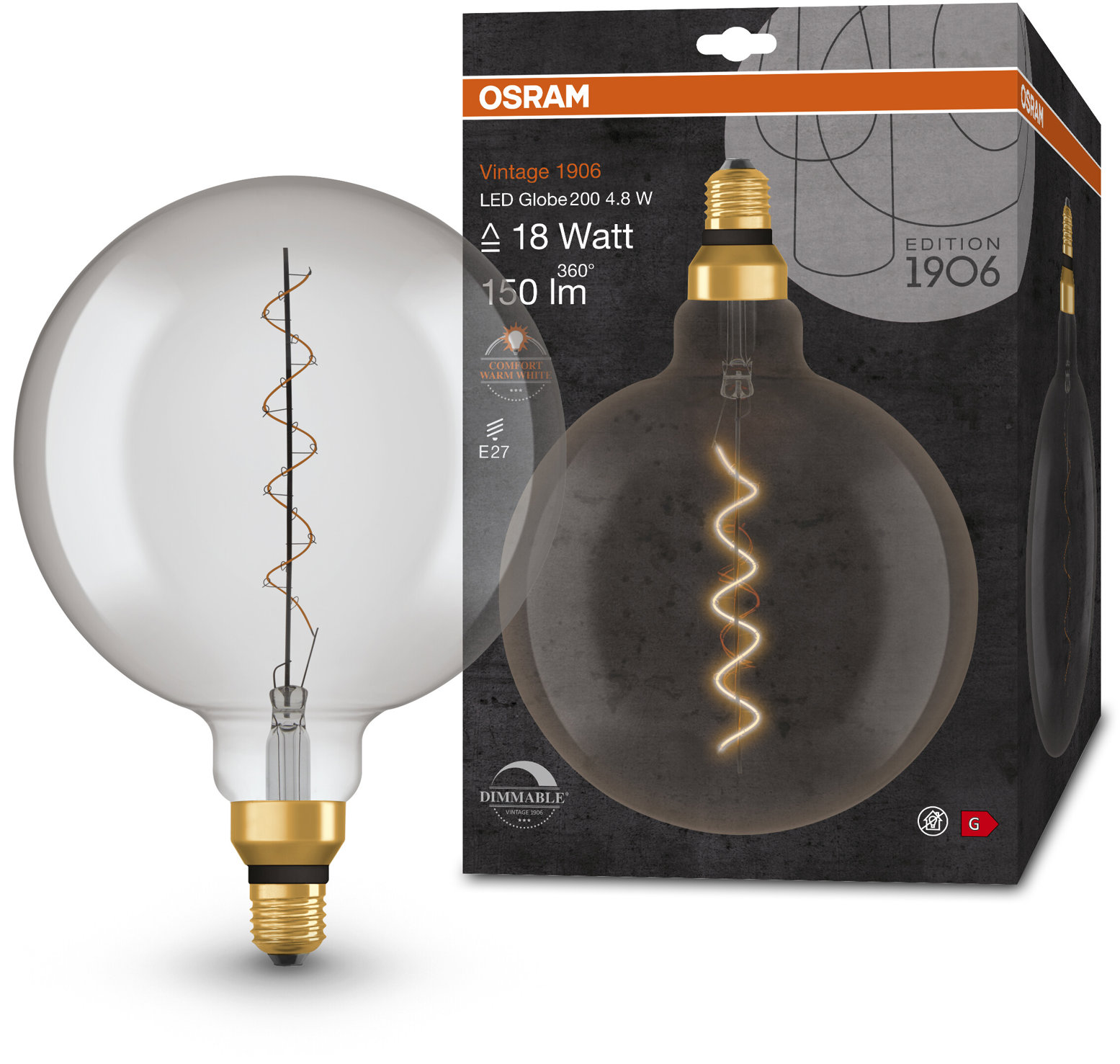 OSRAM dymová stmievateľná LED žiarovka E27 4,8 W BIG GLOBE, teplá biela